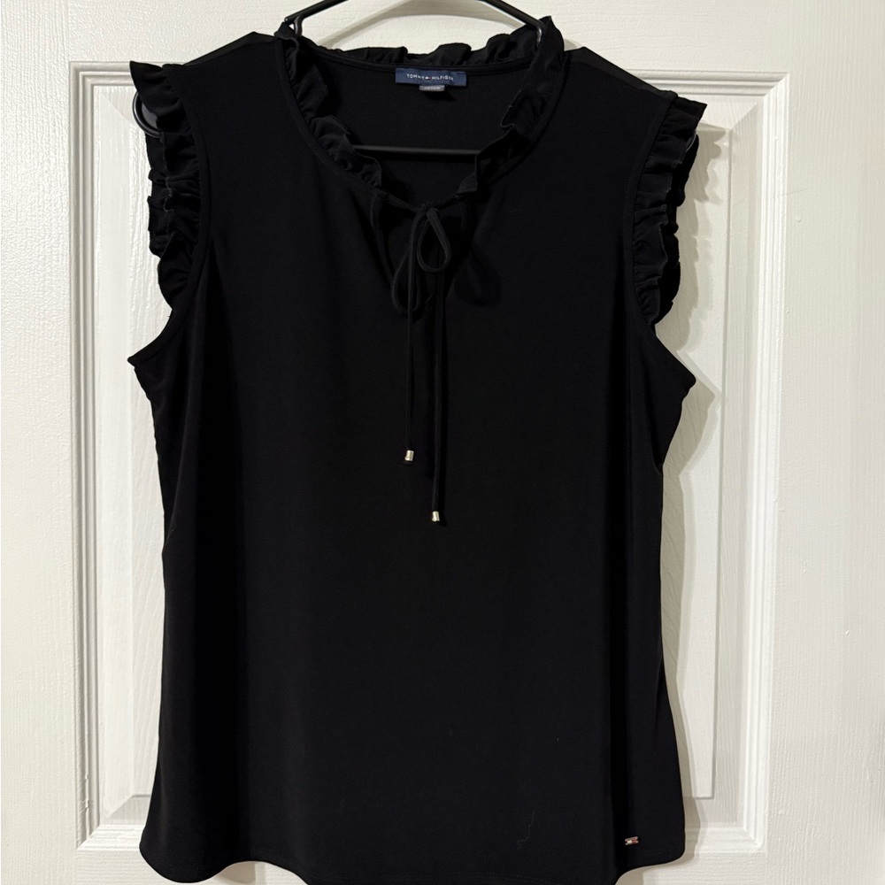 Tommy Hilfiger Black Sleeveless Ruffled Blouse with Tie Front Size Med C0199